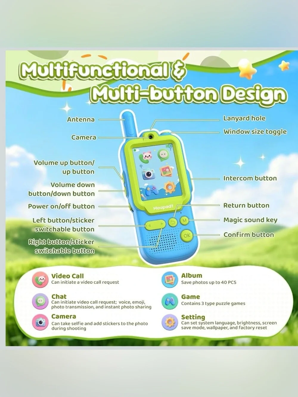 Kids Walkie Talkie 2.4” screen with 5 voice changers two way radio